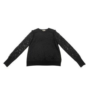 Tory Burch Women's Black Merino Wool Sweater Sz. M Floral Lace Sleeves & Overlay